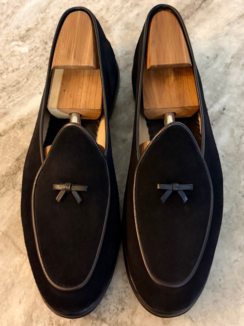BELGIAN SHOES MR CASUAL LOAFER BLACK SUEDE SLIPPERS 12  $850 BOW TIE